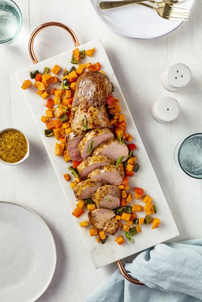 Garlic Dijon Pork Tenderloin with Roasted Sweet Potato and Pepper Jumble-1